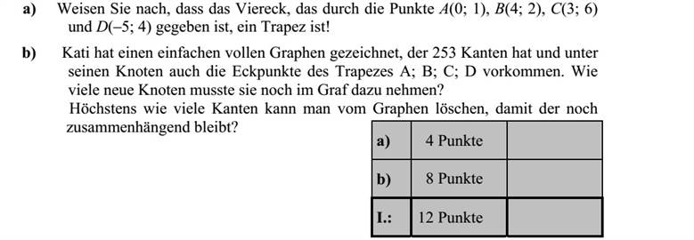 a) Igazolja, hogy az A(0  1), B(4  2), C(3  6) és D(-5  4) pontokkal megadott négyszög trapéz! b) Kati megrajzolt egy olyan egyszerű teljes gráfot, amelynek 253 éle van, és csúcsai között szerepelnek a trapéz A  B  C  D csúcsai is. Hány új gráfcsúcsot kellett ehhez felvennie? Legfeljebb hány éle törölhető ki ennek a teljes gráfnak, hogy még összefüggő maradjon?