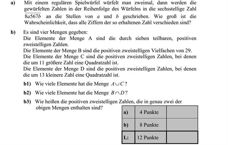 a) Egy szabályos dobókockával kétszer dobunk, és a kapott számokat a dobás sorrendjében beírjuk a ba5678 hatjegyű számban az a és a b helyére. Mennyi annak a valószínűsége, hogy az így kapott hatjegyű szám minden számjegye különböző? b) Megadunk négy halmazt: Az A halmaz elemei a héttel osztható pozitív kétjegyű számok. A B halmaz elemei a 29 kétjegyű pozitív többszörösei. A C halmaz elemei mindazok a pozitív kétjegyű számok, amelyeknél a 11-gyel nagyobb szám négyzetszám. A D halmaz elemei mindazok a pozitív kétjegyű számok, amelyeknél a 13-mal kisebb szám négyzetszám. b1) Hány elemű az CA  halmaz? b2) Hány elemű a DB  halmaz? b3) Melyek azok a kétjegyű pozitív egészek, amelyek a fenti négy halmaz közül pontosan kettőnek az elemei?