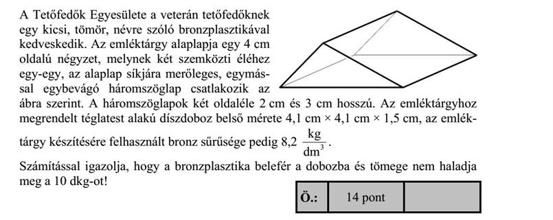 A Tetőfedők Egyesülete a veterán tetőfedőknek egy kicsi, tömör, névre szóló bronzplasztikával kedveskedik. Az emléktárgy alaplapja egy 4 cm oldalú négyzet, melynek két szemközti éléhez egy-egy, az alaplap síkjára merőleges, egymás- sal egybevágó háromszöglap csatlakozik az ábra szerint. A háromszöglapok két oldaléle 2 cm és 3 cm hosszú. Az emléktárgyhoz megrendelt téglatest alakú díszdoboz belső mérete 4,1 cm × 4,1 cm × 1,5 cm, az emlék- tárgy készítésére felhasznált bronz sűrűsége pedig 8,2 3 dm kg . Számítással igazolja, hogy a bronzplasztika belefér a dobozba és tömege nem haladja meg a 10 dkg-ot!