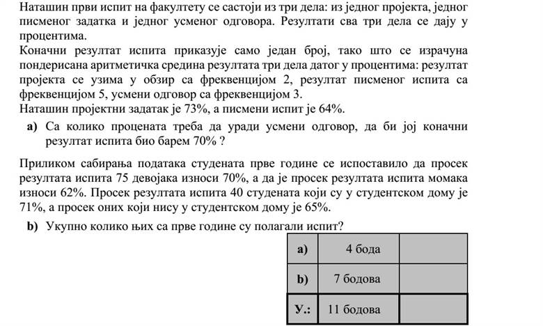 Noémi első egyetemi vizsgája három részből áll: egy projektmunkából, egy írásbeli dol- gozatból, valamint egy szóbeli feleletből. Mindhárom rész eredményét százalékban adják meg. A vizsga végeredményét egyetlen számmal jellemzik úgy, hogy kiszámolják a három rész százalékban megadott eredményének súlyozott számtani közepét: a projektmunka ered- ményét 2-es súllyal, az írásbeli dolgozat eredményét 5-ös súllyal, a szóbeli felelet ered- ményét 3-as súllyal veszik figyelembe. Noémi projektmunkája 73%-os, írásbeli vizsgája 64%-os lett. a) Hány százalékra kell teljesítenie a szóbeli vizsgáját, hogy vizsgájának végeredmé- nye legalább 70%-os legyen? Az első évfolyam adatainak összesítésekor kiderült, hogy a 75 lány vizsgaeredményeinek átlaga 70%, a fiúk vizsgaeredményeinek átlaga 62% lett. A kollégiumban lakó 40 hallgató vizsgaeredményeinek átlaga 71%, a nem kollégistáké pedig 65% lett. b) Hányan vizsgáztak összesen az első évfolyamról?