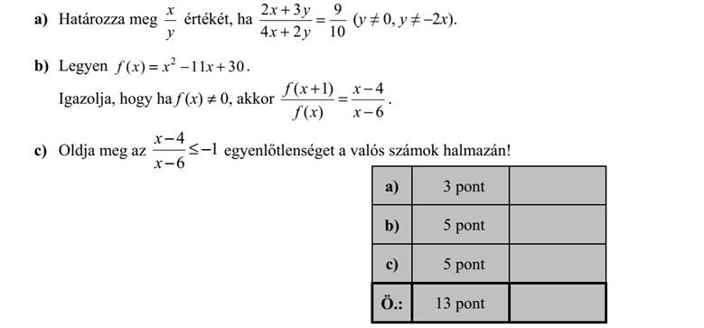 a) Határozza meg y x értékét, ha 10 9 24 32    yx yx (y  0, y  -2x). b) Legyen 2 ( ) 11 30f x x x   . Igazolja, hogy ha f (x)  0, akkor ( 1) 4 ( ) 6 f x x f x x     . c) Oldja meg az 4 1 6 x x     egyenlőtlenséget a valós számok halmazán!
