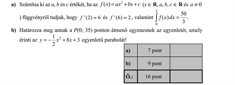 a) Számítsa ki az a, b és c értékét, ha az cxxxf 2  ba)( (x  R, a, b, c  R és 0a ) függvényről tudjuk, hogy 6)2( `f és 2)6( `f , valamint 3 50 )( 2 0  dxxf . b) Határozza meg annak a P(0  35) ponton átmenő egyenesnek az egyenletét, amely érinti az 38 2 1 2  xxy egyenletű parabolát!