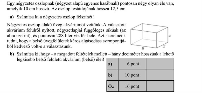 Egy négyzetes oszlopnak (négyzet alapú egyenes hasábnak) pontosan négy olyan éle van, amelyik 10 cm hosszú. Az oszlop testátlójának hossza 12,5 cm. a) Számítsa ki a négyzetes oszlop felszínét! Négyzetes oszlop alakú üveg akváriumot vettünk. A választott akvárium felülről nyitott, négyzetlapjai függőleges síkúak (az ábra szerint), és pontosan 288 liter víz fér bele. Azt szeretnénk tudni, hogy a belső üvegfelületek káros algásodása szempontjá- ból kedvező volt-e a választásunk. b) Számítsa ki, hogy - a megadott feltételek mellett - hány deciméter hosszúak a lehető legkisebb belső felületű akvárium (belső) élei!