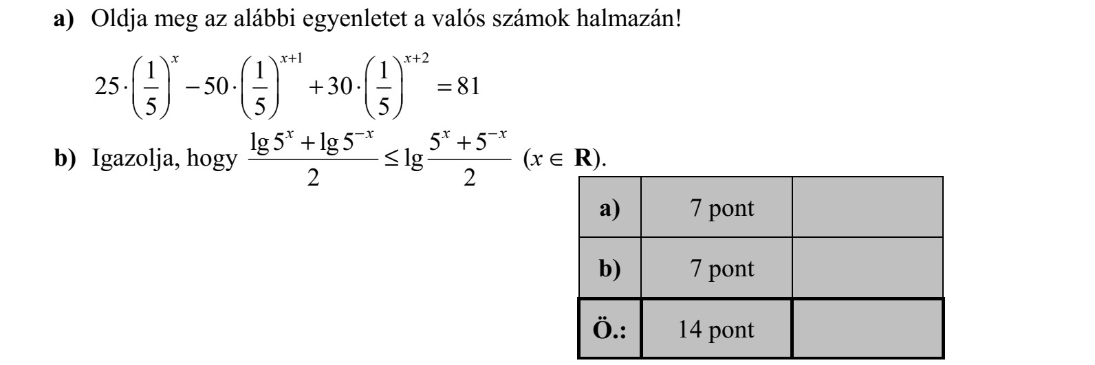a) Oldja meg az alábbi egyenletet a valós számok halmazán! 1 2 1 1 1 25 50 30 81 5 5 5 x x x                         b) Igazolja, hogy lg 5 lg 5 5 5 lg 2 2 x x x x     (x  R).
