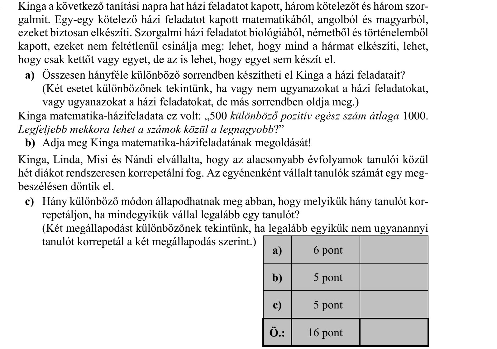 Kinga a következő tanítási napra hat házi feladatot kapott, három kötelezőt és három szor- galmit. Egy-egy kötelező házi feladatot kapott matematikából, angolból és magyarból, ezeket biztosan elkészíti. Szorgalmi házi feladatot biológiából, németből és történelemből kapott, ezeket nem feltétlenül csinálja meg: lehet, hogy mind a hármat elkészíti, lehet, hogy csak kettőt vagy egyet, de az is lehet, hogy egyet sem készít el. a) Összesen hányféle különböző sorrendben készítheti el Kinga a házi feladatait? (Két esetet különbözőnek tekintünk, ha vagy nem ugyanazokat a házi feladatokat, vagy ugyanazokat a házi feladatokat, de más sorrendben oldja meg.) Kinga matematika-házifeladata ez volt: 500 különböző pozitív egész szám átlaga 1000. Legfeljebb mekkora lehet a számok közül a legnagyobb? b) Adja meg Kinga matematika-házifeladatának megoldását! Kinga, Linda, Misi és Nándi elvállalta, hogy az alacsonyabb évfolyamok tanulói közül hét diákot rendszeresen korrepetálni fog. Az egyénenként vállalt tanulók számát egy meg- beszélésen döntik el. c) Hány különböző módon állapodhatnak meg abban, hogy melyikük hány tanulót kor- repetáljon, ha mindegyikük vállal legalább egy tanulót? (Két megállapodást különbözőnek tekintünk, ha legalább egyikük nem ugyanannyi tanulót korrepetál a két megállapodás szerint.)