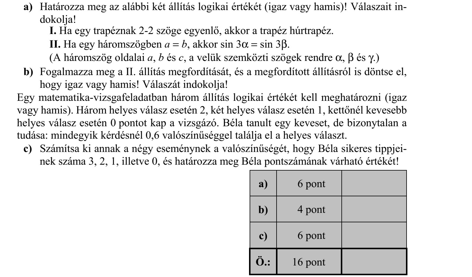 a) Határozza meg az alábbi két állítás logikai értékét (igaz vagy hamis)! Válaszait in- dokolja! I. Ha egy trapéznak 2-2 szöge egyenlő, akkor a trapéz húrtrapéz. II. Ha egy háromszögben a  b, akkor sin 3  sin 3. (A háromszög oldalai a, b és c, a velük szemközti szögek rendre ,  és .) b) Fogalmazza meg a II. állítás megfordítását, és a megfordított állításról is döntse el, hogy igaz vagy hamis! Válaszát indokolja! Egy matematika-vizsgafeladatban három állítás logikai értékét kell meghatározni (igaz vagy hamis). Három helyes válasz esetén 2, két helyes válasz esetén 1, kettőnél kevesebb helyes válasz esetén 0 pontot kap a vizsgázó. Béla tanult egy keveset, de bizonytalan a tudása: mindegyik kérdésnél 0,6 valószínűséggel találja el a helyes választ. c) Számítsa ki annak a négy eseménynek a valószínűségét, hogy Béla sikeres tippjei- nek száma 3, 2, 1, illetve 0, és határozza meg Béla pontszámának várható értékét!