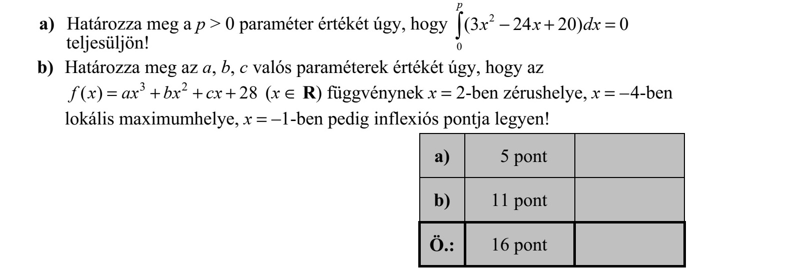 a) Határozza meg a p > 0 paraméter értékét úgy, hogy 2 0 (3 24 20) 0 p x x dx   teljesüljön! b) Határozza meg az a, b, c valós paraméterek értékét úgy, hogy az 3 2 ( ) 28f x ax bx cx    (x  R) függvénynek x  2-ben zérushelye, x  - 4-ben lokális maximumhelye, x  -1-ben pedig inflexiós pontja legyen!