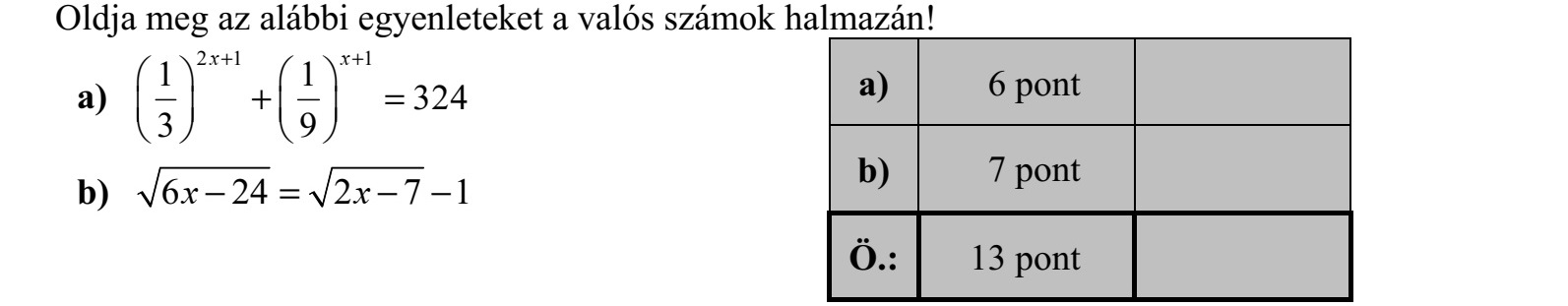 Oldja meg az alábbi egyenleteket a valós számok halmazán! a) 2 1 1 1 1 324 3 9 x x+ +     + =        b) 6 24 2 7 1x x =  
