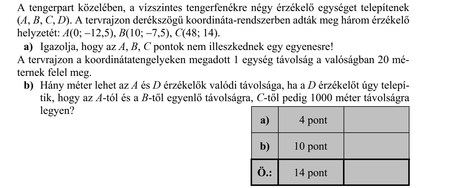 A tengerpart közelében, a vízszintes tengerfenékre négy érzékelő egységet telepítenek (A, B, C, D). A tervrajzon derékszögű koordináta-rendszerben adták meg három érzékelő helyzetét: A(0  -12,5), B(10  -7,5), C(48  14). a) Igazolja, hogy az A, B, C pontok nem illeszkednek egy egyenesre! A tervrajzon a koordinátatengelyeken megadott 1 egység távolság a valóságban 20 mé- ternek felel meg. b) Hány méter lehet az A és D érzékelők valódi távolsága, ha a D érzékelőt úgy telepí- tik, hogy az A-tól és a B-től egyenlő távolságra, C-től pedig 1000 méter távolságra legyen?