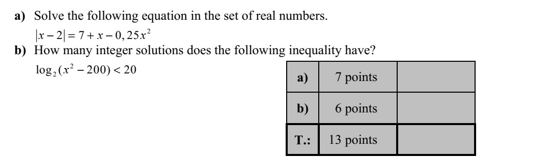 a) Oldja meg a valós számok halmazán az alábbi egyenletet! 2 2 7 0, 25x x x = +  b) Hány olyan egész szám van, amelyik megoldása az alábbi egyenlőtlenségnek? 2 2log ( 200) 20