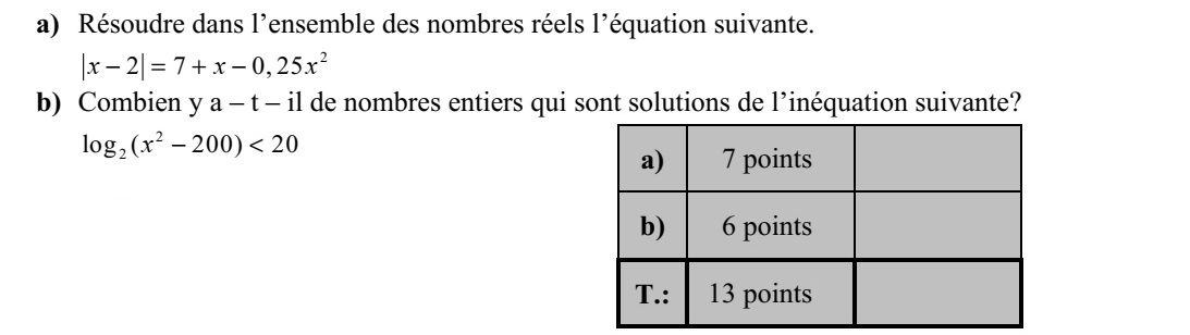 a) Oldja meg a valós számok halmazán az alábbi egyenletet! 2 2 7 0, 25x x x = +  b) Hány olyan egész szám van, amelyik megoldása az alábbi egyenlőtlenségnek? 2 2log ( 200) 20