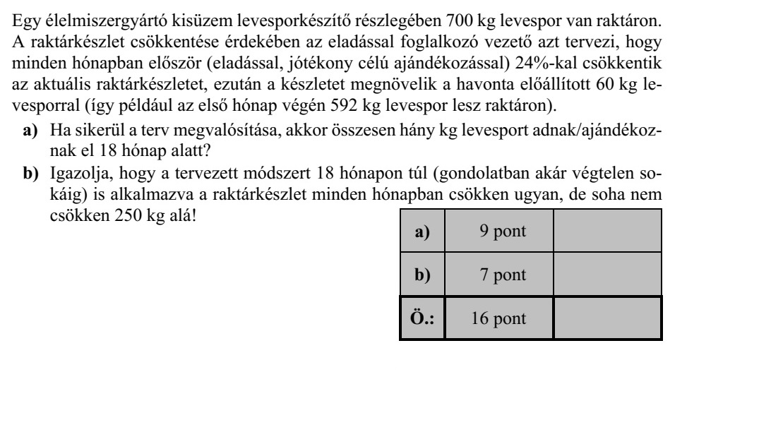 Egy élelmiszergyártó kisüzem levesporkészítő részlegében 700 kg levespor van raktáron. A raktárkészlet csökkentése érdekében az eladással foglalkozó vezető azt tervezi, hogy minden hónapban először (eladással, jótékony célú ajándékozással) 24%-kal csökkentik az aktuális raktárkészletet, ezután a készletet megnövelik a havonta előállított 60 kg le- vesporral (így például az első hónap végén 592 kg levespor lesz raktáron). a) Ha sikerül a terv megvalósítása, akkor összesen hány kg levesport adnak/ajándékoz- nak el 18 hónap alatt? b) Igazolja, hogy a tervezett módszert 18 hónapon túl (gondolatban akár végtelen so- káig) is alkalmazva a raktárkészlet minden hónapban csökken ugyan, de soha nem csökken 250 kg alá!