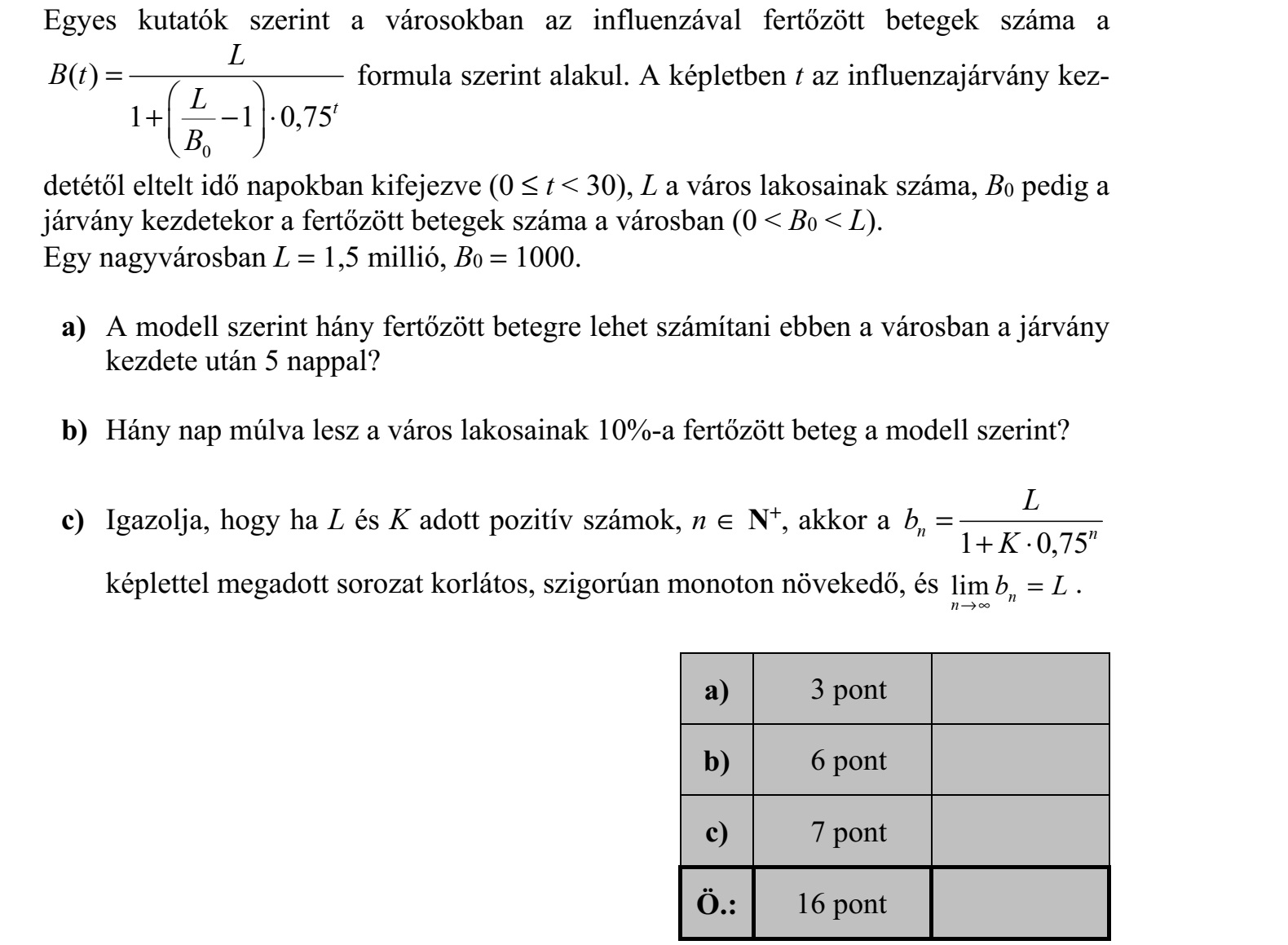 Egyes kutatók szerint a városokban az influenzával fertőzött betegek száma a 0 ( ) 1 1 0,75t L B t L B =   +      formula szerint alakul. A képletben t az influenzajárvány kez- detétől eltelt idő napokban kifejezve (0  t < 30), L a város lakosainak száma, B0 pedig a járvány kezdetekor a fertőzött betegek száma a városban (0 < B0 < L). Egy nagyvárosban L = 1,5 millió, B0 = 1000. a) A modell szerint hány fertőzött betegre lehet számítani ebben a városban a járvány kezdete után 5 nappal? b) Hány nap múlva lesz a város lakosainak 10%-a fertőzött beteg a modell szerint? c) Igazolja, hogy ha L és K adott pozitív számok, n  N+, akkor a 1 0,75 n n L b K = +  képlettel megadott sorozat korlátos, szigorúan monoton növekedő, és lim n n b L   = .