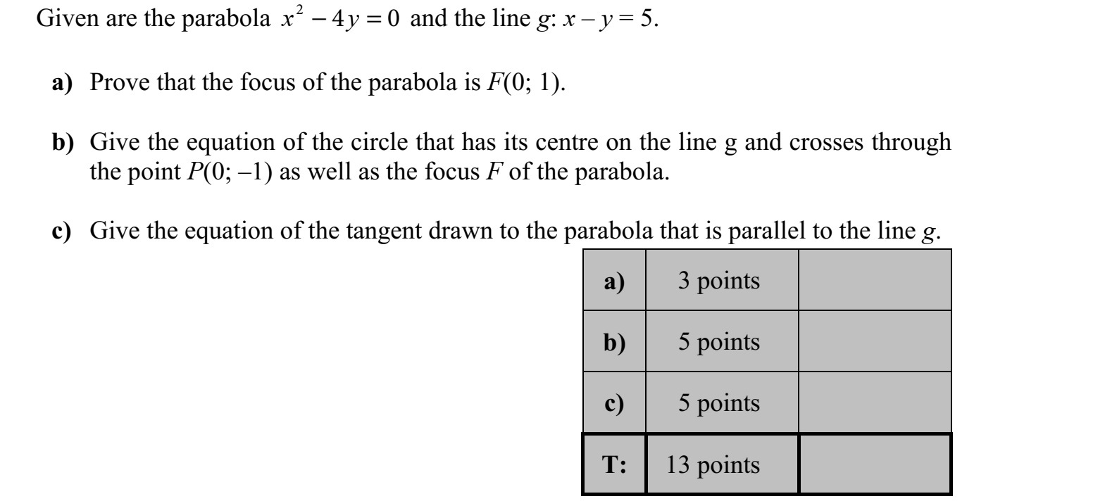 Adott az 2 4 0x y = egyenletű parabola és az x - y = 5 egyenletű g egyenes. a) Igazolja, hogy a parabola fókuszpontja az F(0  1) pont! b) Írja fel annak a körnek az egyenletét, amelynek középpontja a g egyenesen van, valamint átmegy a P(0  -1) ponton és a parabola F fókuszpontján is! c) Adja meg a parabola g egyenessel párhuzamos érintőjének egyenletét!