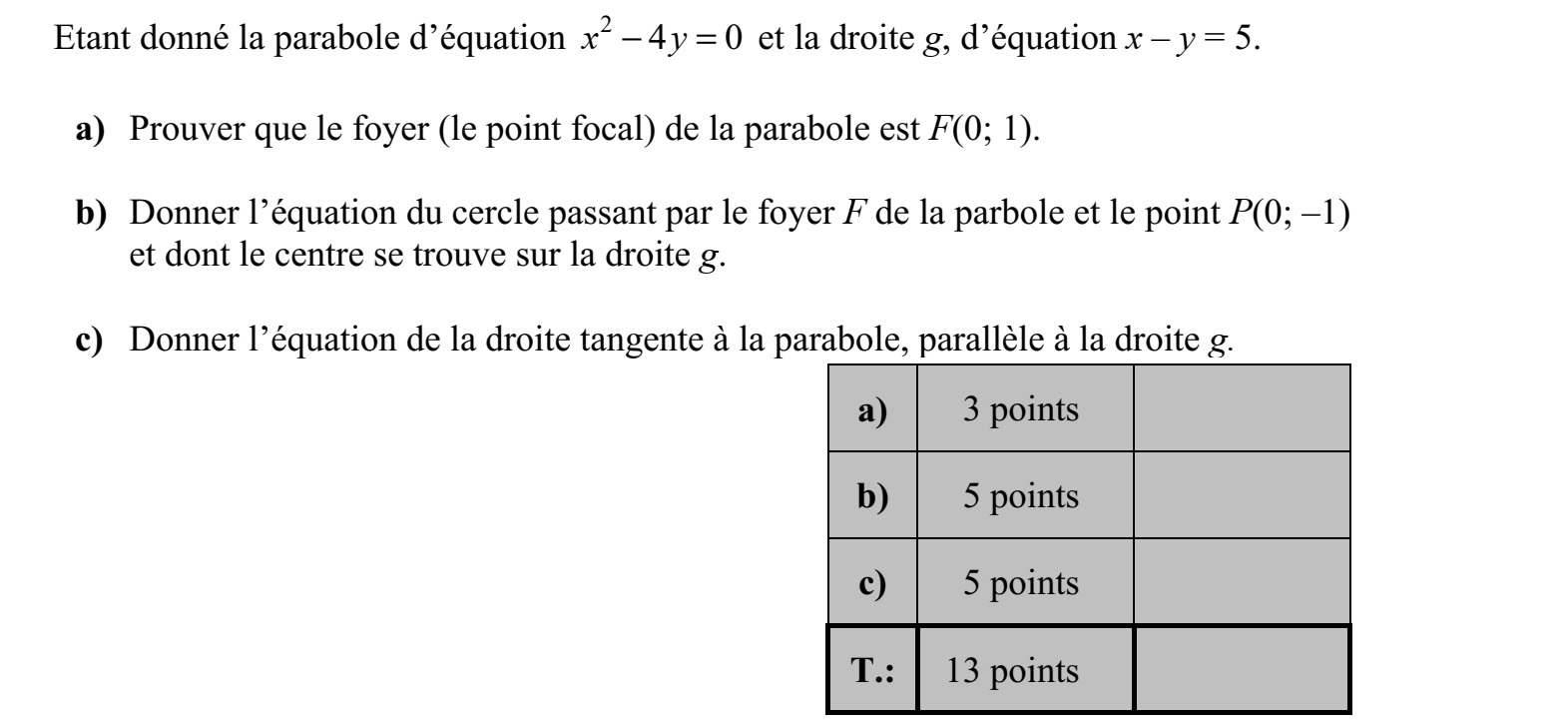 Adott az 2 4 0x y = egyenletű parabola és az x - y = 5 egyenletű g egyenes. a) Igazolja, hogy a parabola fókuszpontja az F(0  1) pont! b) Írja fel annak a körnek az egyenletét, amelynek középpontja a g egyenesen van, valamint átmegy a P(0  -1) ponton és a parabola F fókuszpontján is! c) Adja meg a parabola g egyenessel párhuzamos érintőjének egyenletét!