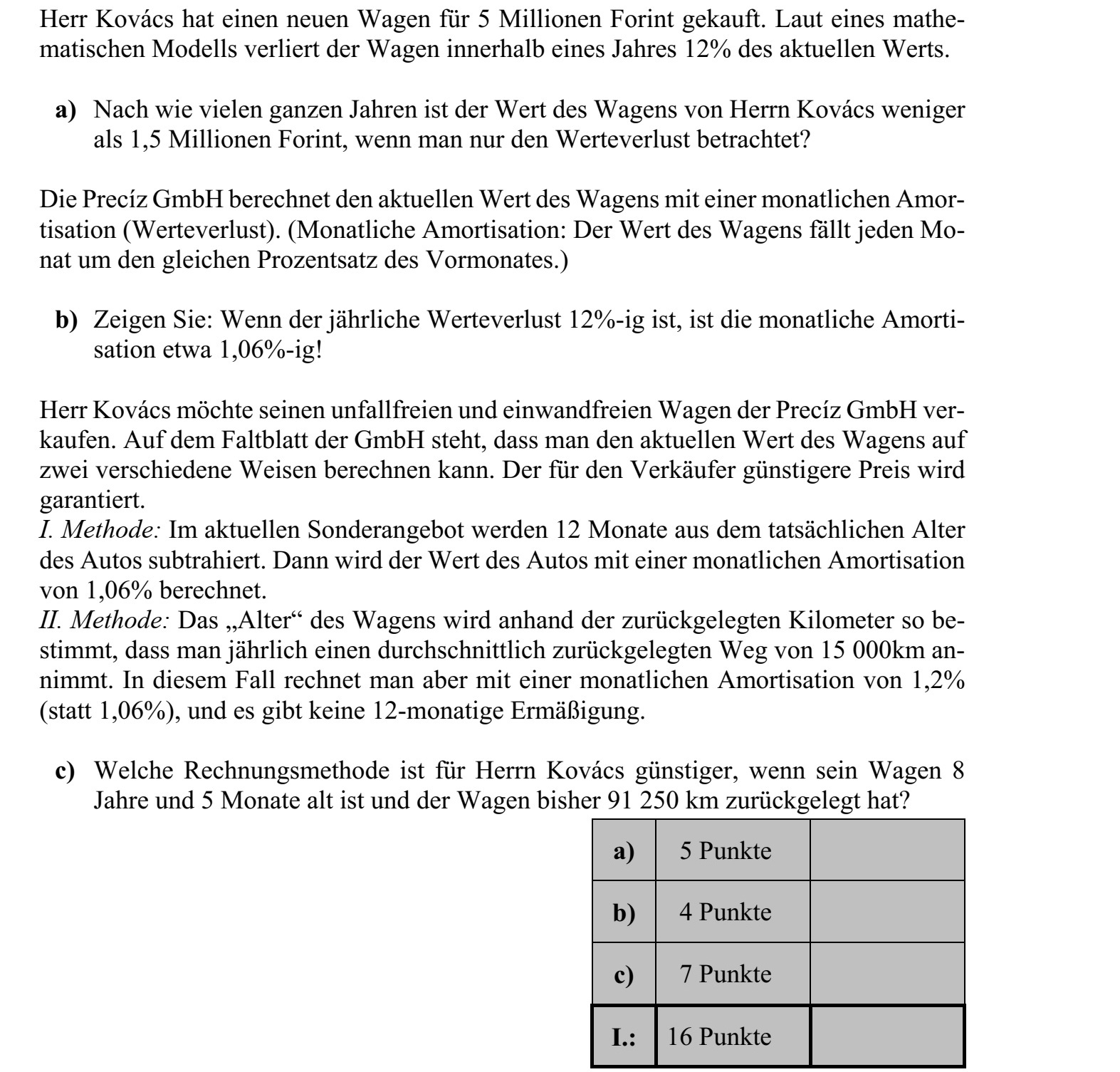 Kovács úr új autót vásárolt 5 millió forintért. Egy matematikai modell szerint az autó egy év alatt elveszíti az aktuális értékének 12%-át. a) Ha csak az értékvesztést vesszük figyelembe, akkor hány teljes év elteltével ér 1,5 millió forintnál kevesebbet Kovács úr autója? A Precíz Kft. havi amortizációval (értékvesztéssel) számolja ki a gépjármű aktuális érté- két. (Havi amortizáció: az autó értéke minden hónapban az előző havi értékének ugyan- akkora százalékával csökken.) b) Mutassa meg, hogy ha az éves értékvesztés 12%-os, akkor a havi amortizáció meg- közelítőleg 1,06%-os! Kovács úr szeretné eladni törésmentes és jó állapotú autóját a Precíz Kft.-nek. A Kft. szórólapján az áll, hogy kétféleképpen is kiszámítják az autó aktuális értékét, és az eladó számára kedvezőbb árat garantálják. I. módszer: a jelenlegi akciójukban 12 hónapot levonnak az autó valós életkorából, majd 1,06%-os havi amortizációval számolják ki az autó értékét. II. módszer: az autó által megtett kilométerek alapján számítják ki az autó életkorát úgy, hogy évente átlagosan 15 000 km-es megtett utat feltételeznek  ebben az esetben azonban 1,2%-os havi amortizációval számolnak (az 1,06% helyett), és nincsen 12 hónap kedvezmény. c) Melyik számítási módszer a kedvezőbb Kovács úr számára, ha az autója 8 éves 5 hó- napos, és az autó eddig 91 250 km utat tett meg?