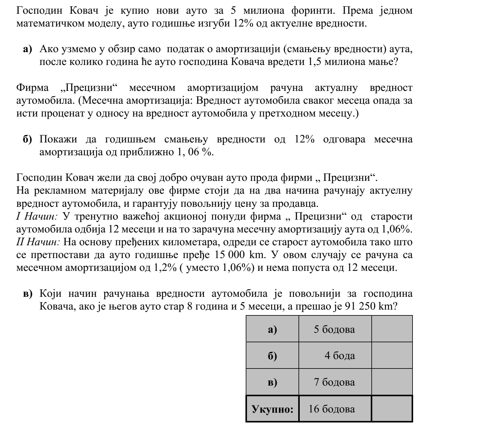 Kovács úr új autót vásárolt 5 millió forintért. Egy matematikai modell szerint az autó egy év alatt elveszíti az aktuális értékének 12%-át. a) Ha csak az értékvesztést vesszük figyelembe, akkor hány teljes év elteltével ér 1,5 millió forintnál kevesebbet Kovács úr autója? A Precíz Kft. havi amortizációval (értékvesztéssel) számolja ki a gépjármű aktuális érté- két. (Havi amortizáció: az autó értéke minden hónapban az előző havi értékének ugyan- akkora százalékával csökken.) b) Mutassa meg, hogy ha az éves értékvesztés 12%-os, akkor a havi amortizáció meg- közelítőleg 1,06%-os! Kovács úr szeretné eladni törésmentes és jó állapotú autóját a Precíz Kft.-nek. A Kft. szórólapján az áll, hogy kétféleképpen is kiszámítják az autó aktuális értékét, és az eladó számára kedvezőbb árat garantálják. I. módszer: a jelenlegi akciójukban 12 hónapot levonnak az autó valós életkorából, majd 1,06%-os havi amortizációval számolják ki az autó értékét. II. módszer: az autó által megtett kilométerek alapján számítják ki az autó életkorát úgy, hogy évente átlagosan 15 000 km-es megtett utat feltételeznek ebben az esetben azonban 1,2%-os havi amortizációval számolnak (az 1,06% helyett), és nincsen 12 hónap kedvezmény. c) Melyik számítási módszer a kedvezőbb Kovács úr számára, ha az autója 8 éves 5 hó- napos, és az autó eddig 91 250 km utat tett meg?