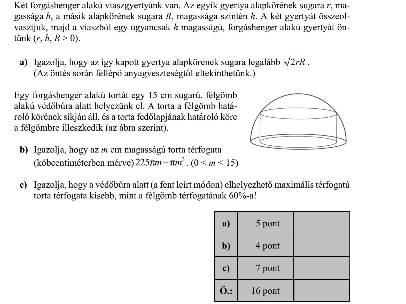 Két forgáshenger alakú viaszgyertyánk van. Az egyik gyertya alapkörének sugara r, ma- gassága h, a másik alapkörének sugara R, magassága szintén h. A két gyertyát összeol- vasztjuk, majd a viaszból egy ugyancsak h magasságú, forgáshenger alakú gyertyát ön- tünk (r, h, R > 0). a) Igazolja, hogy az így kapott gyertya alapkörének sugara legalább 2rR . (Az öntés során fellépő anyagveszteségtől eltekinthetünk.) Egy forgáshenger alakú tortát egy 15 cm sugarú, félgömb alakú védőbúra alatt helyezünk el. A torta a félgömb hatá- roló körének síkján áll, és a torta fedőlapjának határoló köre a félgömbre illeszkedik (az ábra szerint). b) Igazolja, hogy az m cm magasságú torta térfogata (köbcentiméterben mérve) 3 225 m m   . (0 < m < 15) c) Igazolja, hogy a védőbúra alatt (a fent leírt módon) elhelyezhető maximális térfogatú torta térfogata kisebb, mint a félgömb térfogatának 60%-a!