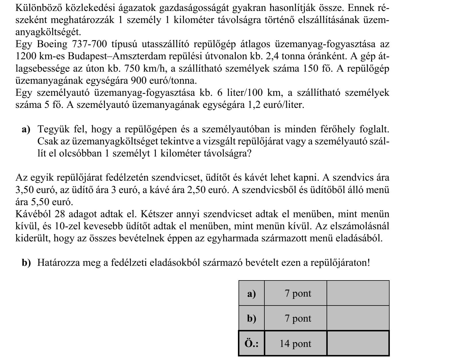 Különböző közlekedési ágazatok gazdaságosságát gyakran hasonlítják össze. Ennek ré- szeként meghatározzák 1 személy 1 kilométer távolságra történő elszállításának üzem- anyagköltségét. Egy Boeing 737-700 típusú utasszállító repülőgép átlagos üzemanyag-fogyasztása az 1200 km-es Budapest-Amszterdam repülési útvonalon kb. 2,4 tonna óránként. A gép át- lagsebessége az úton kb. 750 km/h, a szállítható személyek száma 150 fő. A repülőgép üzemanyagának egységára 900 euró/tonna. Egy személyautó üzemanyag-fogyasztása kb. 6 liter/100 km, a szállítható személyek száma 5 fő. A személyautó üzemanyagának egységára 1,2 euró/liter. a) Tegyük fel, hogy a repülőgépen és a személyautóban is minden férőhely foglalt. Csak az üzemanyagköltséget tekintve a vizsgált repülőjárat vagy a személyautó szál- lít el olcsóbban 1 személyt 1 kilométer távolságra? Az egyik repülőjárat fedélzetén szendvicset, üdítőt és kávét lehet kapni. A szendvics ára 3,50 euró, az üdítő ára 3 euró, a kávé ára 2,50 euró. A szendvicsből és üdítőből álló menü ára 5,50 euró. Kávéból 28 adagot adtak el. Kétszer annyi szendvicset adtak el menüben, mint menün kívül, és 10-zel kevesebb üdítőt adtak el menüben, mint menün kívül. Az elszámolásnál kiderült, hogy az összes bevételnek éppen az egyharmada származott menü eladásából. b) Határozza meg a fedélzeti eladásokból származó bevételt ezen a repülőjáraton!