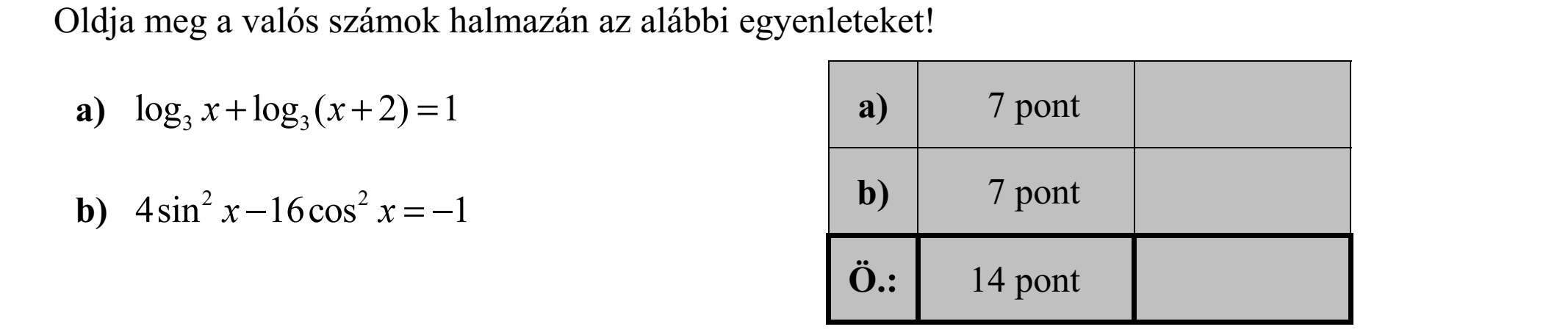 Oldja meg a valós számok halmazán az alábbi egyenleteket! a) log log ( 2) 1 3 3 x x + + = b) 4sin 16cos 1