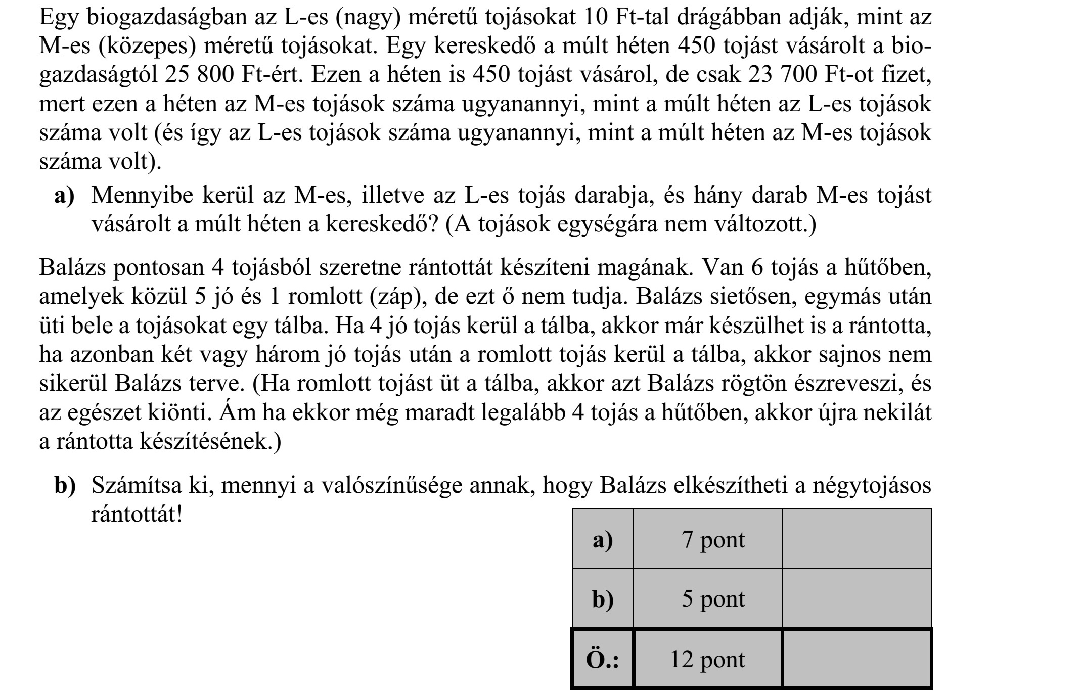 Egy biogazdaságban az L-es (nagy) méretű tojásokat 10 Ft-tal drágábban adják, mint az M-es (közepes) méretű tojásokat. Egy kereskedő a múlt héten 450 tojást vásárolt a bio- gazdaságtól 25 800 Ft-ért. Ezen a héten is 450 tojást vásárol, de csak 23 700 Ft-ot fizet, mert ezen a héten az M-es tojások száma ugyanannyi, mint a múlt héten az L-es tojások száma volt (és így az L-es tojások száma ugyanannyi, mint a múlt héten az M-es tojások száma volt). a) Mennyibe kerül az M-es, illetve az L-es tojás darabja, és hány darab M-es tojást vásárolt a múlt héten a kereskedő? (A tojások egységára nem változott.) Balázs pontosan 4 tojásból szeretne rántottát készíteni magának. Van 6 tojás a hűtőben, amelyek közül 5 jó és 1 romlott (záp), de ezt ő nem tudja. Balázs sietősen, egymás után üti bele a tojásokat egy tálba. Ha 4 jó tojás kerül a tálba, akkor már készülhet is a rántotta, ha azonban két vagy három jó tojás után a romlott tojás kerül a tálba, akkor sajnos nem sikerül Balázs terve. (Ha romlott tojást üt a tálba, akkor azt Balázs rögtön észreveszi, és az egészet kiönti. Ám ha ekkor még maradt legalább 4 tojás a hűtőben, akkor újra nekilát a rántotta készítésének.) b) Számítsa ki, mennyi a valószínűsége annak, hogy Balázs elkészítheti a négytojásos rántottát!