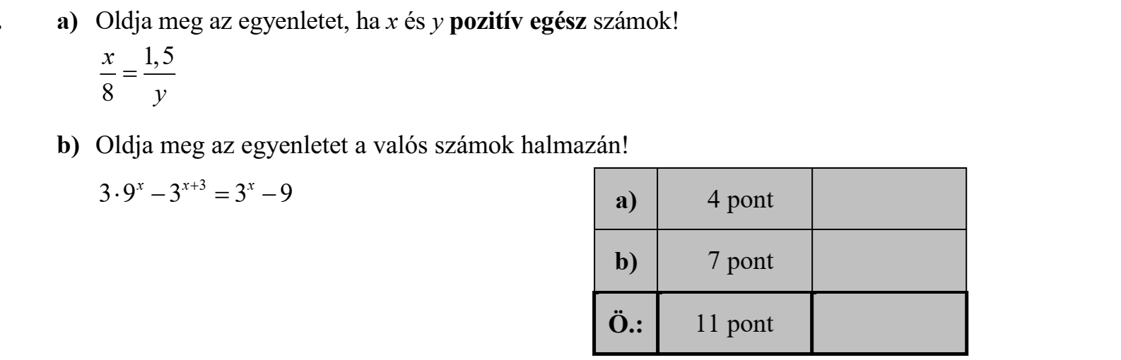 a) Oldja meg az egyenletet, ha x és y pozitív egész számok! 1,5 x 8 y  b) Oldja meg az egyenletet a valós számok halmazán! 3 9 3 3 9