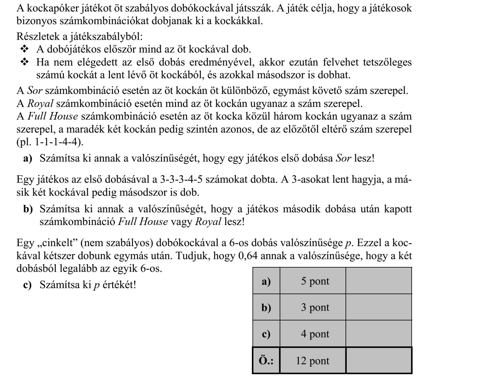 A kockapóker játékot öt szabályos dobókockával játsszák. A játék célja, hogy a játékosok bizonyos számkombinációkat dobjanak ki a kockákkal. Részletek a játékszabályból:  A dobójátékos először mind az öt kockával dob.  Ha nem elégedett az első dobás eredményével, akkor ezután felvehet tetszőleges számú kockát a lent lévő öt kockából, és azokkal másodszor is dobhat. A Sor számkombináció esetén az öt kockán öt különböző, egymást követő szám szerepel. A Royal számkombináció esetén mind az öt kockán ugyanaz a szám szerepel. A Full House számkombináció esetén az öt kocka közül három kockán ugyanaz a szám szerepel, a maradék két kockán pedig szintén azonos, de az előzőtől eltérő szám szerepel (pl. 1-1-1-4-4). a) Számítsa ki annak a valószínűségét, hogy egy játékos első dobása Sor lesz! Egy játékos az első dobásával a 3-3-3-4-5 számokat dobta. A 3-asokat lent hagyja, a má- sik két kockával pedig másodszor is dob. b) Számítsa ki annak a valószínűségét, hogy a játékos második dobása után kapott számkombináció Full House vagy Royal lesz! Egy „cinkelt” (nem szabályos) dobókockával a 6-os dobás valószínűsége p. Ezzel a kockával kétszer dobunk egymás után. Tudjuk, hogy 0,64 annak a valószínűsége, hogy a két dobásból legalább az egyik 6-os. c) Számítsa ki p értékét!