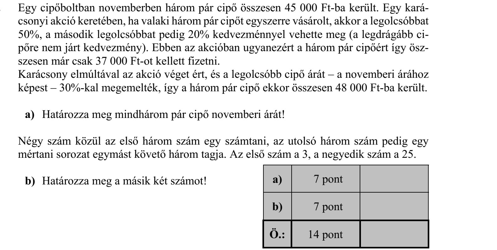 Egy cipőboltban novemberben három pár cipő összesen 45 000 Ft-ba került. Egy kará- csonyi akció keretében, ha valaki három pár cipőt egyszerre vásárolt, akkor a legolcsóbbat 50%, a második legolcsóbbat pedig 20% kedvezménnyel vehette meg (a legdrágább cipőre nem járt kedvezmény). Ebben az akcióban ugyanezért a három pár cipőért így öszszesen már csak 37 000 Ft-ot kellett fizetni. Karácsony elmúltával az akció véget ért, és a legolcsóbb cipő árát – a novemberi árához képest – 30%-kal megemelték, így a három pár cipő ekkor összesen 48 000 Ft-ba került. a) Határozza meg mindhárom pár cipő novemberi árát! Négy szám közül az első három szám egy számtani, az utolsó három szám pedig egy mértani sorozat egymást követő három tagja. Az első szám a 3, a negyedik szám a 25. b) Határozza meg a másik két számot!