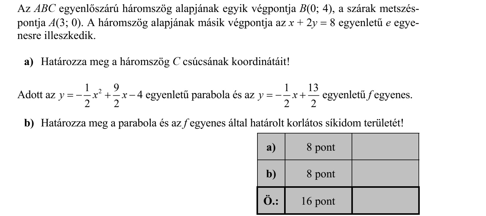 Az ABC egyenlőszárú háromszög alapjának egyik végpontja B(0; 4), a szárak metszéspontja A(3; 0). A háromszög alapjának másik végpontja az x + 2y  8 egyenletű e egyenesre illeszkedik. a) Határozza meg a háromszög C csúcsának koordinátáit! Adott az 1 9 2 4 2 2 y x x     egyenletű parabola és az 1 13 2 2 y x    egyenletű f egyenes. b) Határozza meg a parabola és az f egyenes által határolt korlátos síkidom területét!