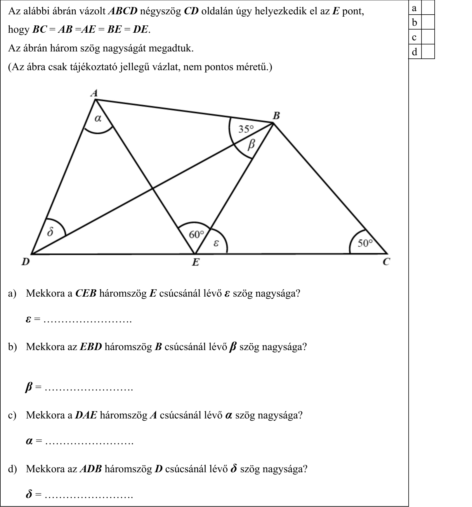 Az alábbi ábrán vázolt ABCD négyszög CD oldalán úgy helyezkedik el az E pont, hogy BC = AB =AE = BE = DE. Az ábrán három szög nagyságát megadtuk. (Az ábra csak tájékoztató jellegű vázlat, nem pontos méretű.) a) Mekkora a CEB háromszög E csúcsánál lévő ε szög nagysága? ε = ……………………. b) Mekkora az EBD háromszög B csúcsánál lévő β szög nagysága? β = ……………………. c) Mekkora a DAE háromszög A csúcsánál lévő α szög nagysága? α = ……………………. d) Mekkora az ADB háromszög D csúcsánál lévő δ szög nagysága? δ = …………………….