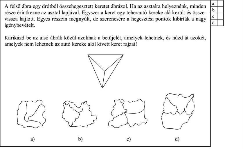 A felső ábra egy drótból összehegesztett keretet ábrázol. Ha az asztalra helyeznénk, minden része érintkezne az asztal lapjával. Egyszer a keret egy teherautó kereke alá került és összevissza hajlott. Egyes részein megnyúlt, de szerencsére a hegesztési pontok kibírták a nagy igénybevételt. Karikázd be az alsó ábrák közül azoknak a betűjelét, amelyek lehetnek, és húzd át azokét, amelyek nem lehetnek az autó kereke alól kivett keret rajzai! a) b) c) d)
