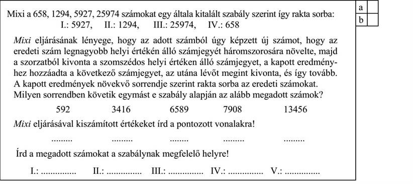 Mixi a 658, 1294, 5927, 25974 számokat egy általa kitalált szabály szerint így rakta sorba: I.: 5927, II.: 1294, III.: 25974, IV.: 658 Mixi eljárásának lényege, hogy az adott számból úgy képzett új számot, hogy az eredeti szám legnagyobb helyi értékén álló számjegyét háromszorosára növelte, majd a szorzatból kivonta a szomszédos helyi értéken álló számjegyet, a kapott eredményhez hozzáadta a következő számjegyet, az utána lévőt megint kivonta, és így tovább. A kapott eredmények növekvő sorrendje szerint rakta sorba az eredeti számokat. Milyen sorrendben követik egymást e szabály alapján az alább megadott számok?

592

3416 6589 7908 13456

Mixi eljárásával kiszámított értékeket írd a pontozott vonalakra!

.........

......... ........ ......... .........

Írd a megadott számokat a szabálynak megfelelő helyre!

I.: ............... II.: ............... III.: ............... IV.: ............... V.: ...............

a b c d a b