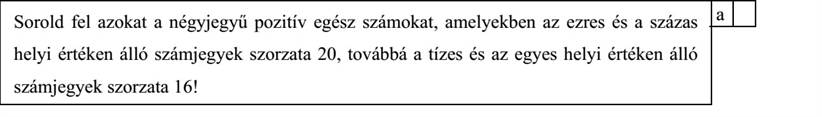 Sorold fel azokat a négyjegyű pozitív egész számokat, amelyekben az ezres és a százas a helyi értéken álló számjegyek szorzata 20, továbbá a tízes és az egyes helyi értéken álló számjegyek szorzata 16! ...............................................................................................................................................