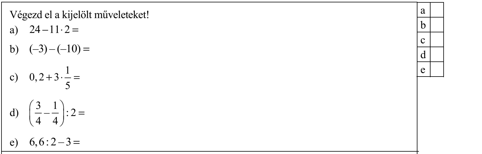 Végezd el a kijelölt műveleteket! a) 24 –11⋅ 2 = b) (–3) – (–10) = 1 c) 0, 2 + 3 ⋅ = 5 3 1 d)  –  : 2 = 4 4 e) 6,6 : 2 – 3 =