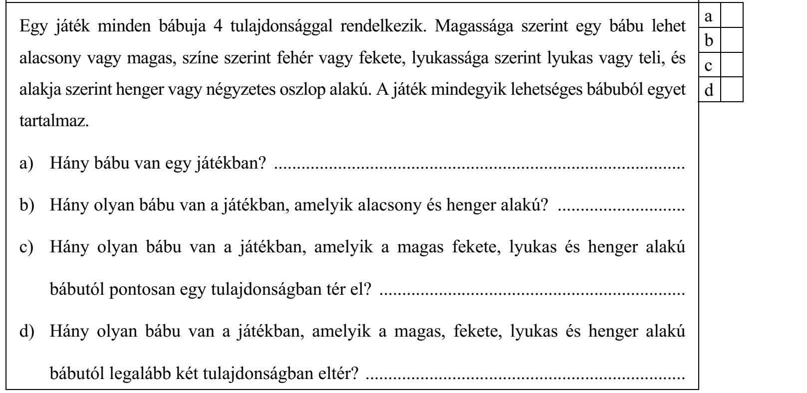 Egy játék minden bábuja 4 tulajdonsággal rendelkezik. Magassága szerint egy bábu lehet alacsony vagy magas, színe szerint fehér vagy fekete, lyukassága szerint lyukas vagy teli, és alakja szerint henger vagy négyzetes oszlop alakú. A játék mindegyik lehetséges bábuból egyet tartalmaz. a) Hány bábu van egy játékban? .......................................................................................... b) Hány olyan bábu van a játékban, amelyik alacsony és henger alakú? ............................ c) Hány olyan bábu van a játékban, amelyik a magas fekete, lyukas és henger alakú bábutól pontosan egy tulajdonságban tér el? ................................................................... d) Hány olyan bábu van a játékban, amelyik a magas, fekete, lyukas és henger alakú bábutól legalább két tulajdonságban eltér? ......................................................................