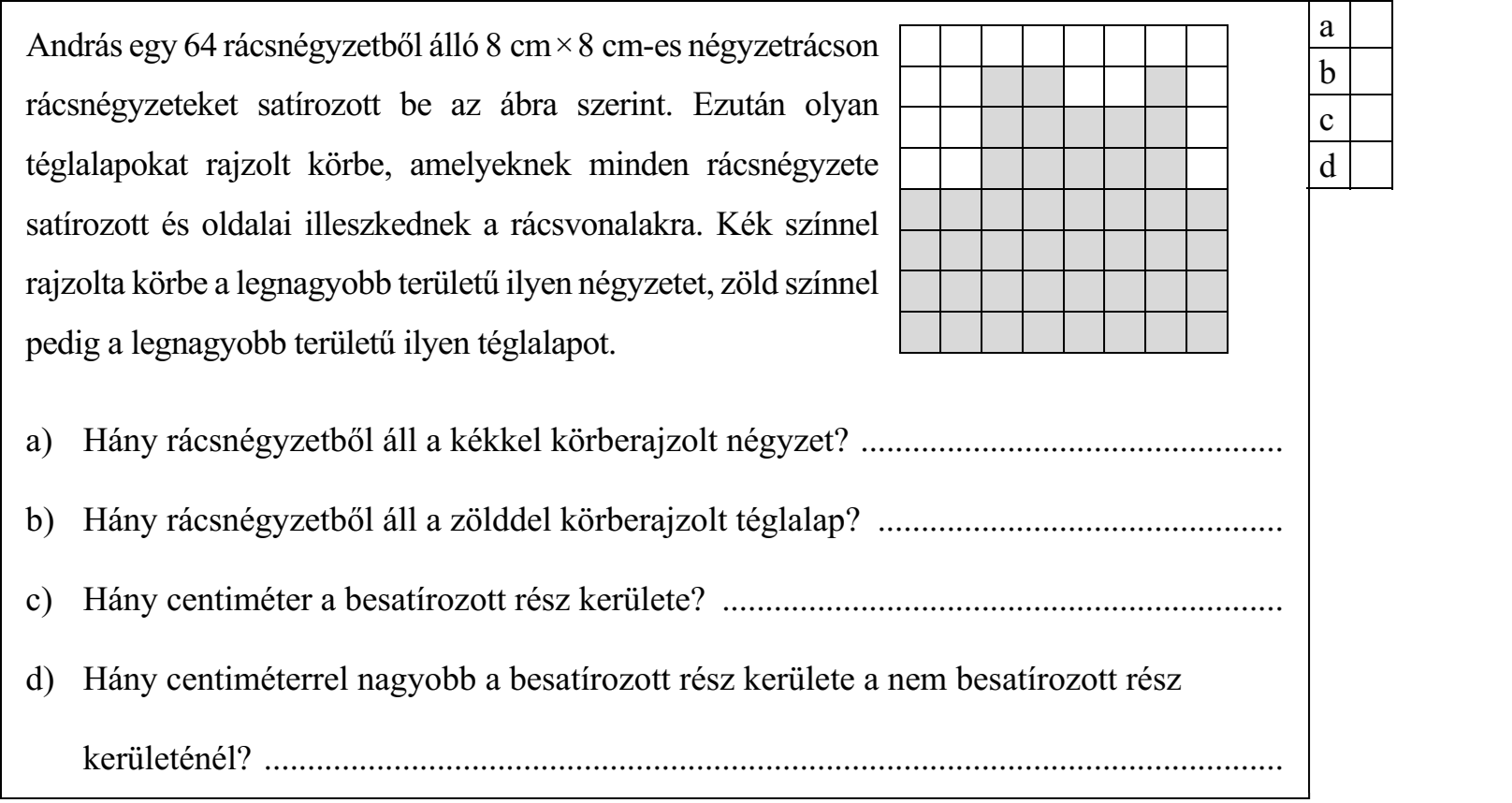 András egy 64 rácsnégyzetből álló 8 cm × 8 cm-es négyzetrácson rácsnégyzeteket satírozott be az ábra szerint. Ezután olyan téglalapokat rajzolt körbe, amelyeknek minden rácsnégyzete satírozott és oldalai illeszkednek a rácsvonalakra. Kék színnel rajzolta körbe a legnagyobb területű ilyen négyzetet, zöld színnel pedig a legnagyobb területű ilyen téglalapot. a) Hány rácsnégyzetből áll a kékkel körberajzolt négyzet? ................................................. b) Hány rácsnégyzetből áll a zölddel körberajzolt téglalap? ............................................... c) Hány centiméter a besatírozott rész kerülete? ................................................................. d) Hány centiméterrel nagyobb a besatírozott rész kerülete a nem besatírozott rész kerületénél? ......................................................................................................................