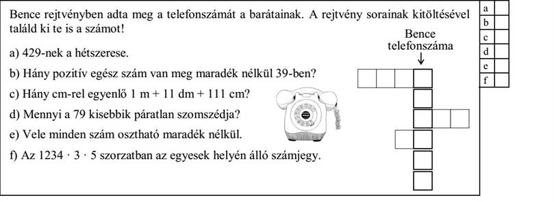 Bence rejtvényben adta meg a telefonszámát a barátainak. A rejtvény sorainak kitöltésével találd ki te is a számot! Bence telefonszáma a) 429-nek a hétszerese. b) Hány pozitív egész szám van meg maradék nélkül 39-ben? c) Hány cm-rel egyenlő 1 m + 11 dm + 111 cm? d) Mennyi a 79 kisebbik páratlan szomszédja? e) Vele minden szám osztható maradék nélkül. f) Az 1234 · 3 · 5 szorzatban az egyesek helyén álló számjegy.