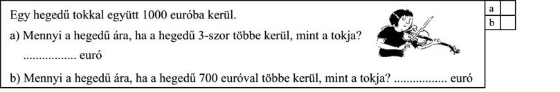 Egy hegedű tokkal együtt 1000 euróba kerül. a) Mennyi a hegedű ára, ha a hegedű 3-szor többe kerül, mint a tokja? ................. euró b) Mennyi a hegedű ára, ha a hegedű 700 euróval többe kerül, mint a tokja? ................. euró