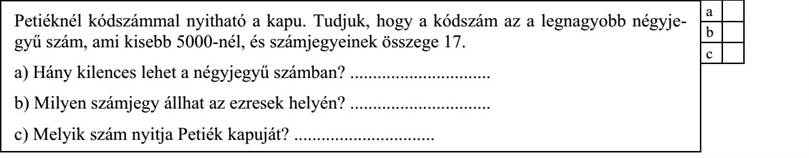 Petiéknél kódszámmal nyitható a kapu. Tudjuk, hogy a kódszám az a legnagyobb négyje- gyű szám, ami kisebb 5000-nél, és számjegyeinek összege 17. a) Hány kilences lehet a négyjegyű számban? ............................... b) Milyen számjegy állhat az ezresek helyén? ............................... c) Melyik szám nyitja Petiék kapuját? ...............................