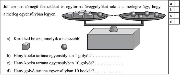 Juli azonos tömegű fakockákat és egyforma üveggolyókat rakott a mérlegre úgy, hogy a mérleg egyensúlyban legyen. a) Karikázd be azt, amelyik a nehezebb! b) Hány kocka tartana egyensúlyban 1 golyót? ................... c) Hány kocka tartana egyensúlyban 10 golyót? ................... d) Hány golyó tartana egyensúlyban 10 kockát? ...................