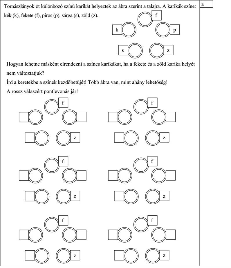 Tornászlányok öt különböző színű karikát helyeztek az ábra szerint a talajra. A karikák színe: kék (k), fekete (f), piros (p), sárga (s), zöld (z). Hogyan lehetne másként elrendezni a színes karikákat, ha a fekete és a zöld karika helyét nem változtatjuk? Írd a keretekbe a színek kezdőbetűjét! Több ábra van, mint ahány lehetőség! A rossz válaszért pontlevonás jár!