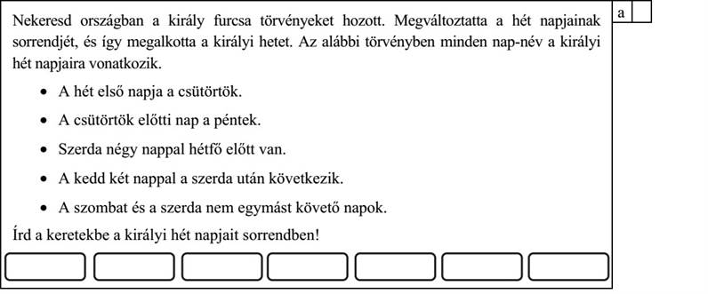 Nekeresd országban a király furcsa törvényeket hozott. Megváltoztatta a hét napjainak sorrendjét, és így megalkotta a királyi hetet. Az alábbi törvényben minden nap-név a királyi hét napjaira vonatkozik.  A hét első napja a csütörtök.  A csütörtök előtti nap a péntek.  Szerda négy nappal hétfő előtt van.  A kedd két nappal a szerda után következik.  A szombat és a szerda nem egymást követő napok. Írd a keretekbe a királyi hét napjait sorrendben! Itt próbálkozhatsz: