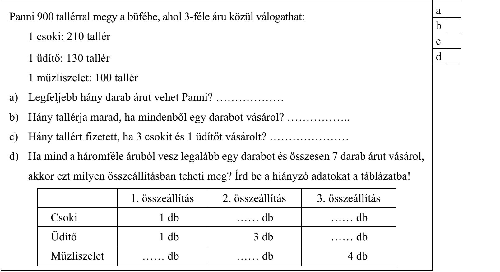 Panni 900 tallérral megy a büfébe, ahol 3-féle áru közül válogathat: 1 csoki: 210 tallér 1 üdítő: 130 tallér 1 müzliszelet: 100 tallér a) Legfeljebb hány darab árut vehet Panni? .................. b) Hány tallérja marad, ha mindenből egy darabot vásárol? ................. c) Hány tallért fizetett, ha 3 csokit és 1 üdítőt vásárolt? ..................... d) Ha mind a háromféle áruból vesz legalább egy darabot és összesen 7 darab árut vásárol, akkor ezt milyen összeállításban teheti meg? Írd be a hiányzó adatokat a táblázatba! 1. összeállítás 2. összeállítás 3. összeállítás Csoki 1 db ...... db ...... db Üdítő 1 db 3 db ...... db Müzliszelet ...... db ...... db 4 db
