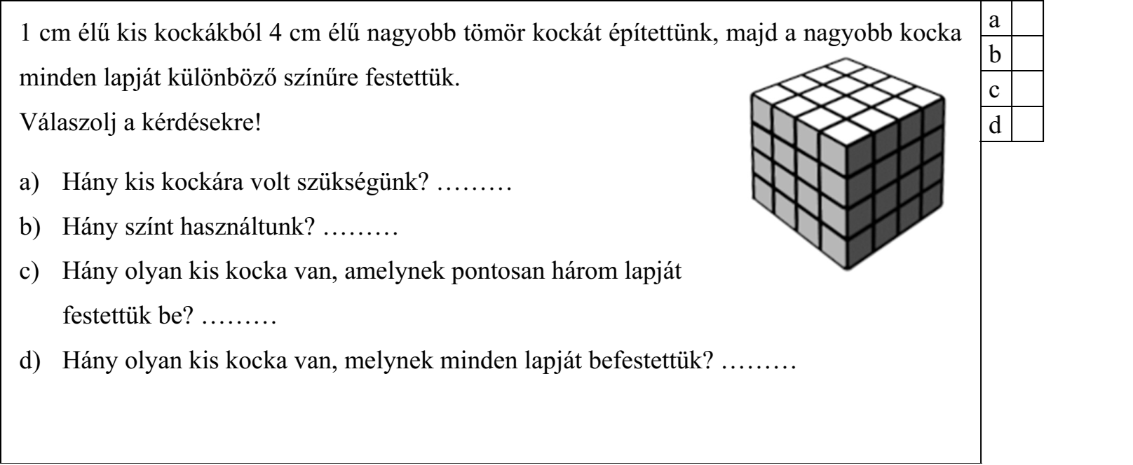 1 cm élű kis kockákból 4 cm élű nagyobb tömör kockát építettünk, majd a nagyobb kocka minden lapját különböző színűre festettük. Válaszolj a kérdésekre! a) Hány kis kockára volt szükségünk? ……… b) Hány színt használtunk? ……… c) Hány olyan kis kocka van, amelynek pontosan három lapját festettük be? ……… d) Hány olyan kis kocka van, melynek minden lapját befestettük? ………