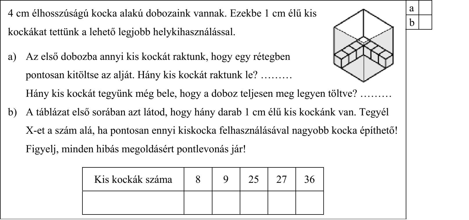 4 cm élhosszúságú kocka alakú dobozaink vannak. Ezekbe 1 cm élű kis kockákat tettünk a lehető legjobb helykihasználással. a) Az első dobozba annyi kis kockát raktunk, hogy egy rétegben pontosan kitöltse az alját. Hány kis kockát raktunk le? ……… Hány kis kockát tegyünk még bele, hogy a doboz teljesen meg legyen töltve? ……… b) A táblázat első sorában azt látod, hogy hány darab 1 cm élű kis kockánk van. Tegyél X-et a szám alá, ha pontosan ennyi kiskocka felhasználásával nagyobb kocka építhető!