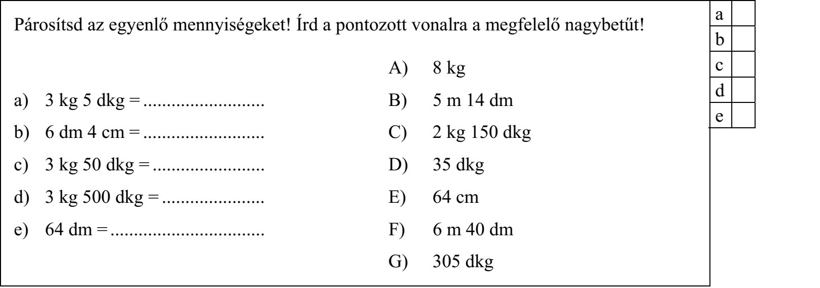 Párosítsd az egyenlő mennyiségeket! Írd a pontozott vonalra a megfelelő nagybetűt! A) 8 kg a) 3 kg 5 dkg = .......................... B) 5 m 14 dm b) 6 dm 4 cm = .......................... C) 2 kg 150 dkg c) 3 kg 50 dkg = ........................ D) 35 dkg d) 3 kg 500 dkg = ...................... E) 64 cm e) 64 dm = ................................. F) 6 m 40 dm G) 305 dkg